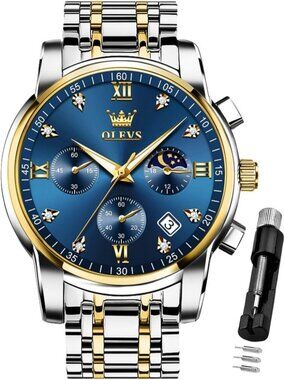 Mens Blue Gold Diamond Analog Quartz Stainless Waterproof Luminous Classic Watch